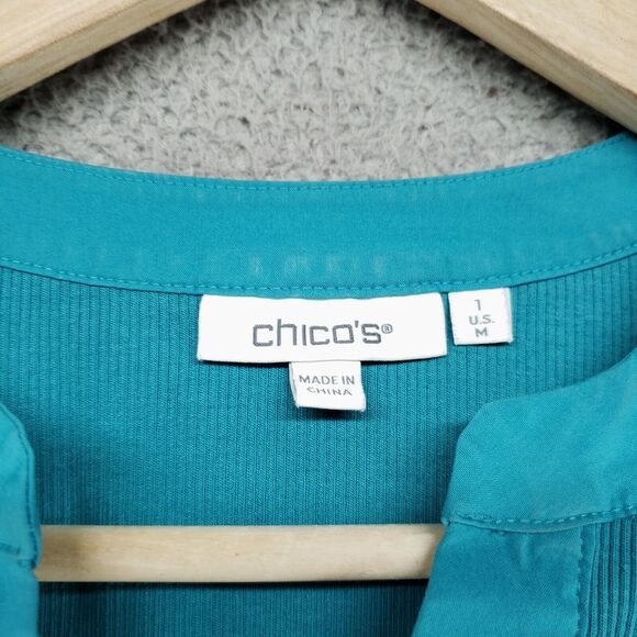 Chico's Pagoda Blue Ribbed Knit Eyelet Henley Top 1/2 Button Womens Size 1 - Picture 14 of 16